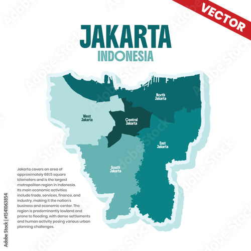 Map of Jakarta Indonesia. Detailed Vector Map of Jakarta City with Regions