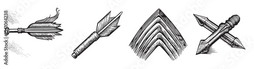 Discover a collection of vintage illustrations featuring arrows and spearheads, showcasing intricate details and rustic charm, perfect for creative projects., set vector illustration
