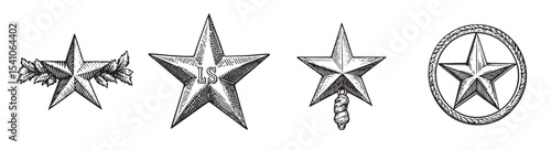 Explore a collection of vintage star illustrations featuring unique designs. Perfect for creative projects, these decorative elements add a classic touch to your artwork., set vector illustration
