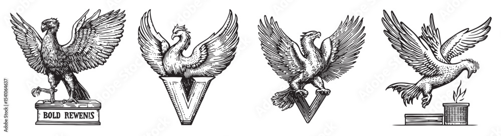 Obraz premium Detailed vintage illustrations of majestic birds such as eagles and phoenixes, showcasing intricate designs and heraldic elements that symbolize power and grace., set vector illustration