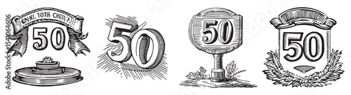 Collection of vintage illustrations featuring the number fifty, perfect for celebrating milestones and anniversaries. Ideal for various design projects., set vector illustration