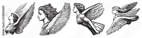 This collection features vintage illustrations of angelic figures with intricate wings, showcasing beauty, grace, and a sense of serenity in black and white artistry., set vector illustration