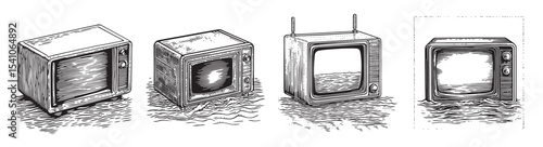 Explore a collection of hand-drawn vintage television sets showcasing distinct styles and features, perfect for various artistic projects and nostalgic themes., set vector illustration