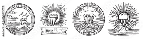 Discover stunning vintage dental emblems featuring tooth illustrations and dynamic rays. Perfect for creative projects, branding, and dental marketing., set vector illustration