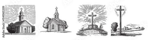 A collection of vintage black and white illustrations featuring various church buildings and crosses that represent faith and spirituality in a historic style., set vector illustration