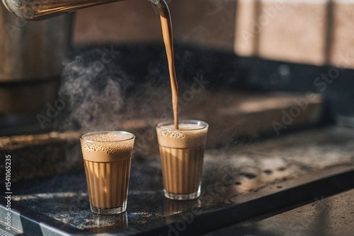 Close-up of hot Indian chai tea being poured into small glass cups

