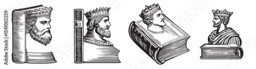 This vintage-style illustration features regal king portraits integrated with books, showcasing a blend of art, literature, and history in a unique design., set vector illustration