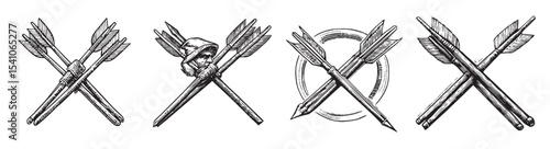 Hand-drawn vintage arrows and quiver illustration perfect for creative projects. This unique artwork captures the essence of classic design and craftsmanship., set vector illustration