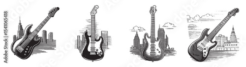A collection of vintage electric guitar illustrations set against stylized city skylines. Perfect for music enthusiasts and artistic designs., set vector illustration