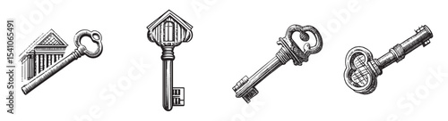 A detailed collection of vintage key illustrations showcasing various unique designs and styles, perfect for themes of security, access, and history in artistic projects., set vector illustration