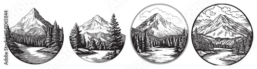 Set of four black and white illustrations showcasing majestic mountain landscapes with rivers and forests, perfect for nature-themed projects or decor., set vector illustration