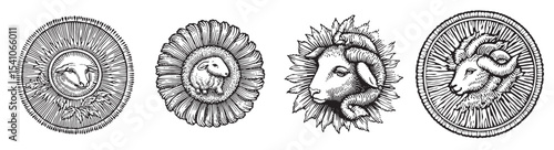 A collection of traditional engravings featuring sheep and ram illustrations in various detailed circle designs, perfect for art and graphic projects., set vector illustration