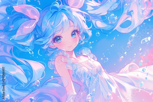 水色の髪の美少女（ファンタジー・癒し・透明感）