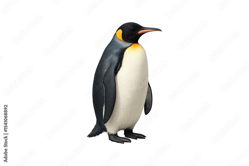 Fototapeta premium Close-up of an emperor penguin standing upright on a white background, showcasing its black and white plumage with a bright yellow-orange patch on the neck