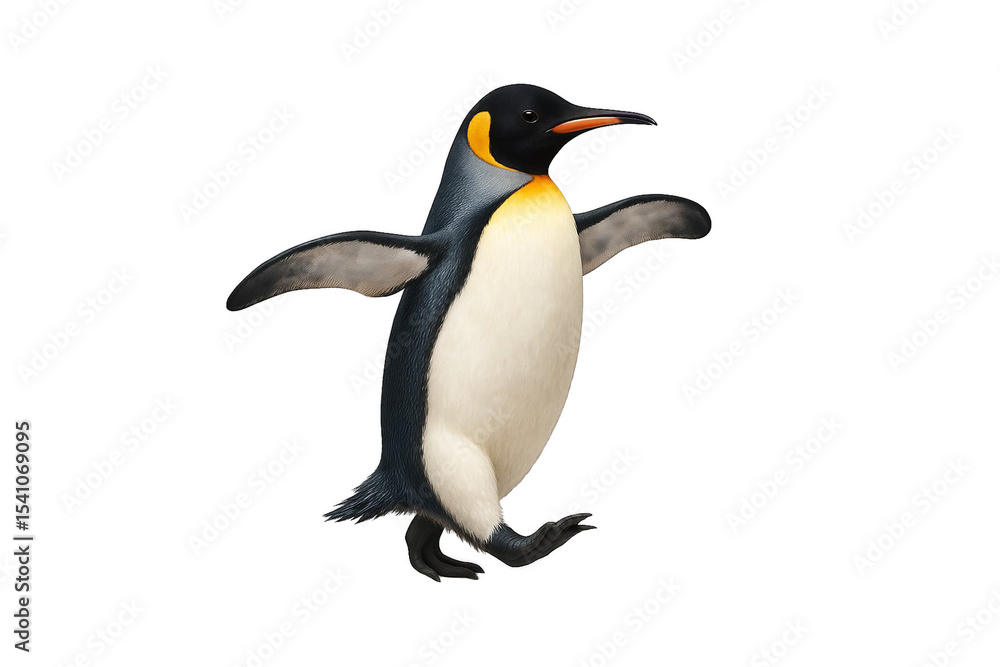 Obraz premium Cute king penguin walking with open wings isolated on white background, adorable Antarctic seabird illustration for wildlife, nature, mascot, educational, and children design projects