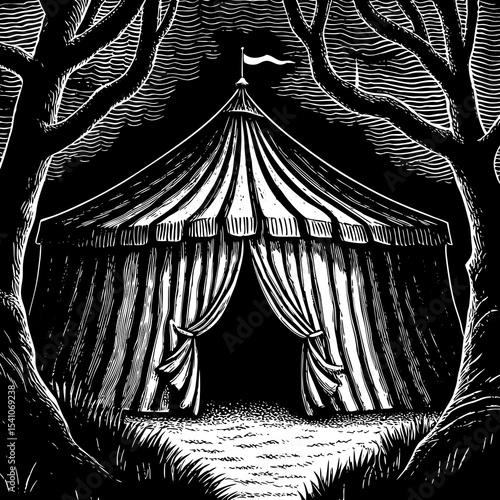 Enigmatic circus tent in a dark forest at night