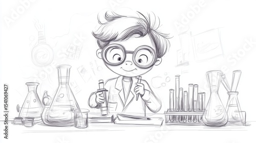 Sketch Young Scientist's Fascinating Experiment, Child in Lab Coat Conducting Experiments with Beakers and Test Tubes