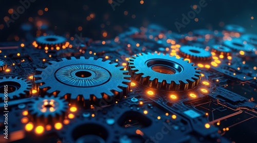 Close-up of interconnected blue gears on a glowing circuit board, symbolizing technology and mechanical innovation.