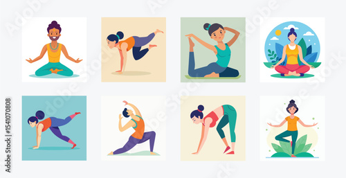 Illustrations showing different yoga poses on a white background