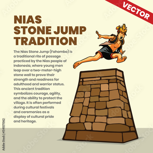 Nias Stone Jump Tradition. Nias Stone Jump Fahōmbo Cultural Tradition Vector Illustration.