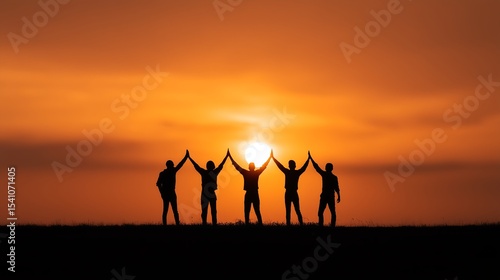 Silhouette of happy business team high-fiving against vibrant sunset sky, teamwork and success concept