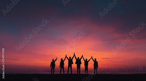Silhouette of happy business team high-fiving against vibrant sunset sky, teamwork and success concept