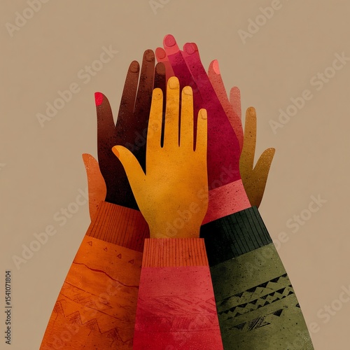 Flat vector illustration of multinational hands stacked together, representing unity and diversity
