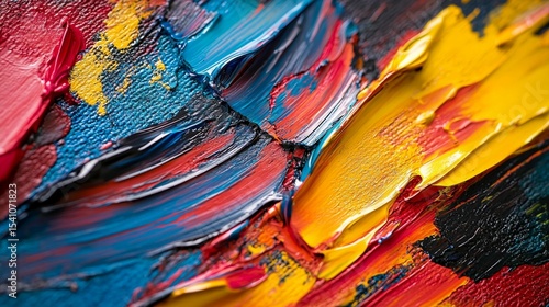 Abstract painting with thick impasto strokes of vibrant colors.  Close-up view of textured paint application