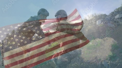 Military soldier spotting wounded comrade pulling him up for advance under animated American flag