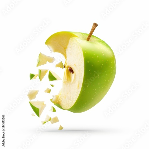 Green Apple Slices Exploding into Pieces, Fresh Fruit, Food Photography, Creative Concept, Isolated on White Background, Healthy Snack