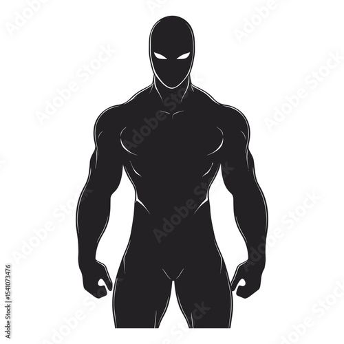 Muscular superhero character silhouette with glowing eyes, upper body view.
