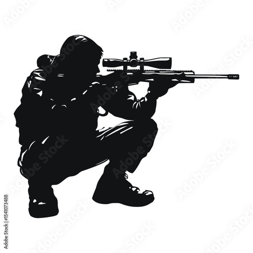 Detailed silhouette of a marksman or soldier in a crouching position aiming a sniper rifle.
