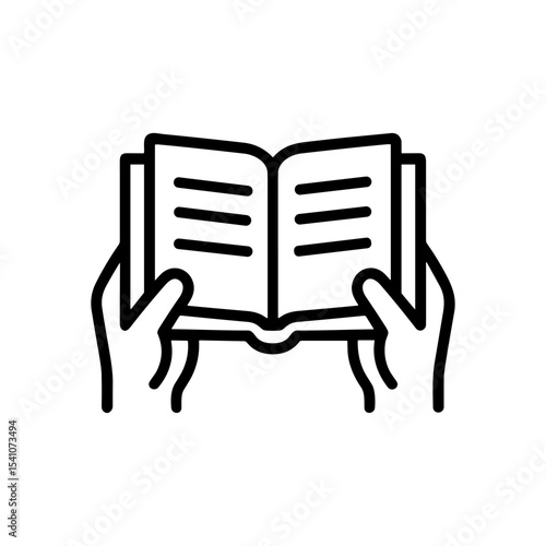 Hands holding open book with lines. Icon symbol illustration