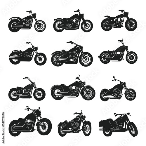 Large set of classic cruiser and chopper motorcycle silhouettes.