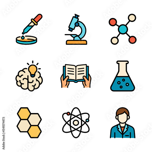 Scientific exploration atoms brains books. Icon symbol illustration