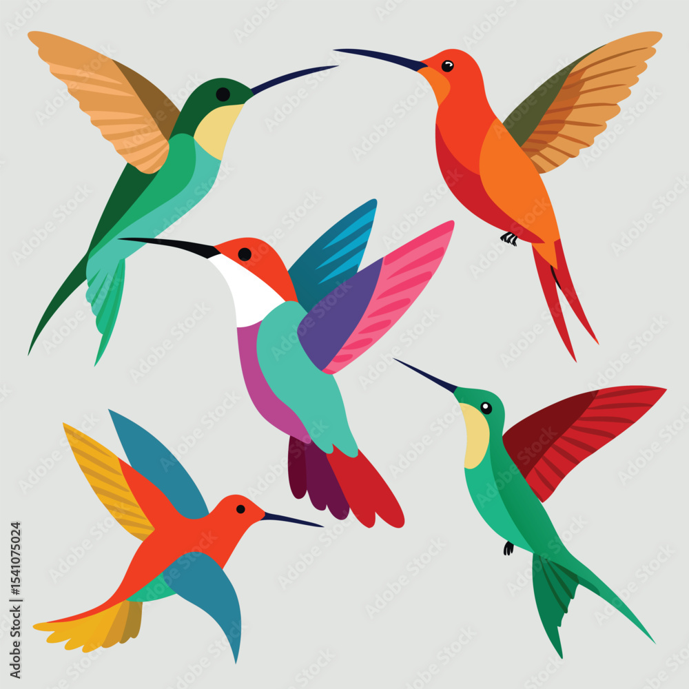Obraz premium Set of 5 Colorful Hummingbird Vector Illustrations