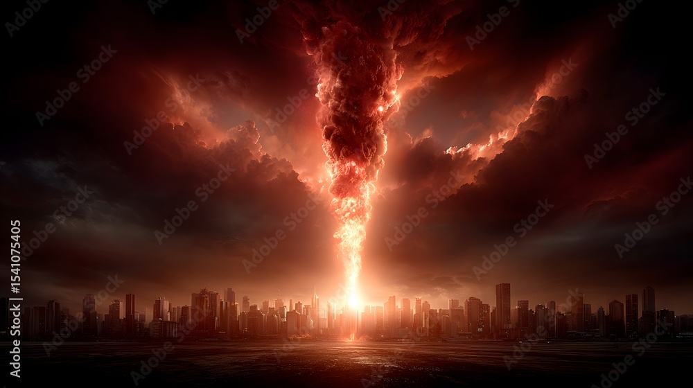 Obraz premium A dramatic post apocalyptic cityscape engulfed in flames and surrounded by an ominous glowing sky filled with dark clouds and bursts of energy