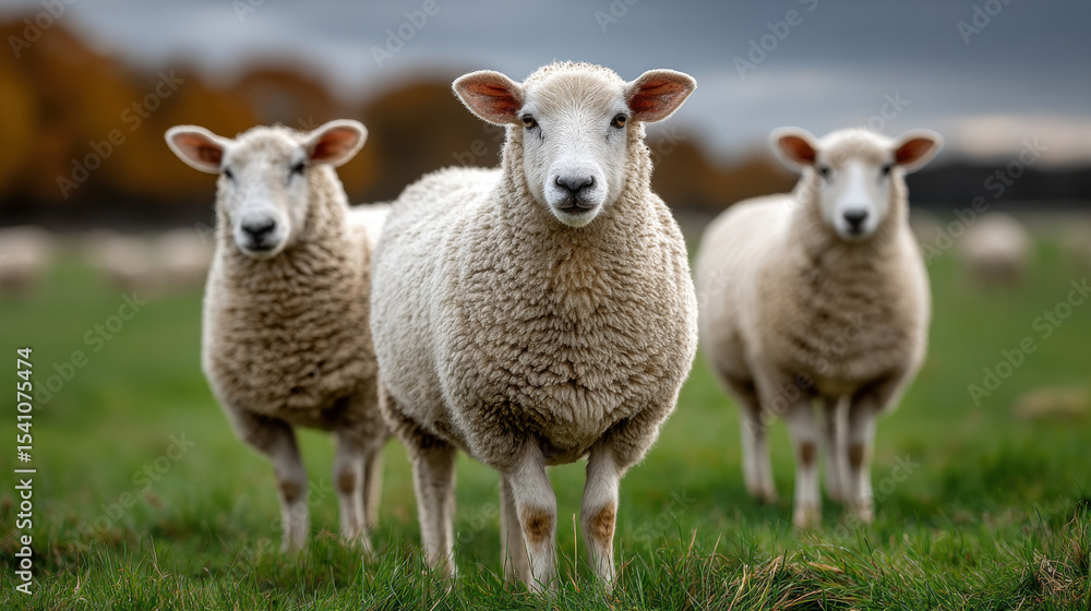 Three sheep grazing in green pasture under cloudy sky with autumn trees in background Three sheep grazing in green pasture under cloudy sky with autumn trees in background