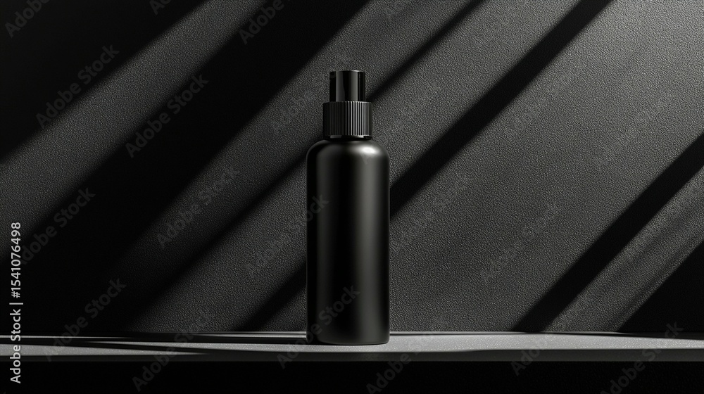 Fototapeta premium Dark bottle with pump sprayer on a shelf, dramatic lighting