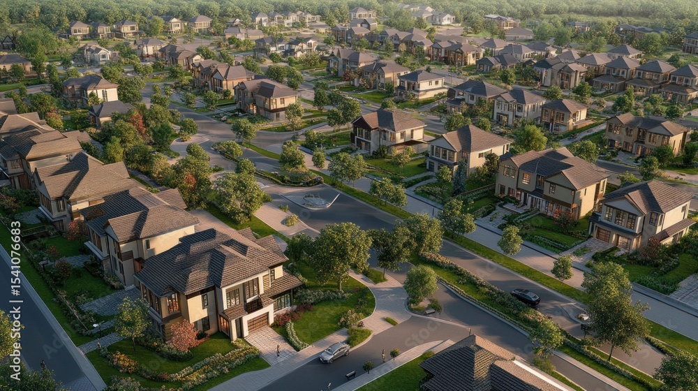 Fototapeta premium Aerial view of a residential neighborhood with many houses and streets