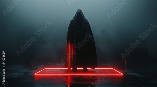 Dark figure in hooded cloak, holding a glowing red lightsaber, stands on a glowing red platform in a foggy environment