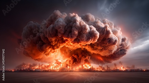 A powerful and dramatic industrial explosion and fire dominates the night skyline with thick plumes of dark smoke billowing into the air against an ominous backdrop