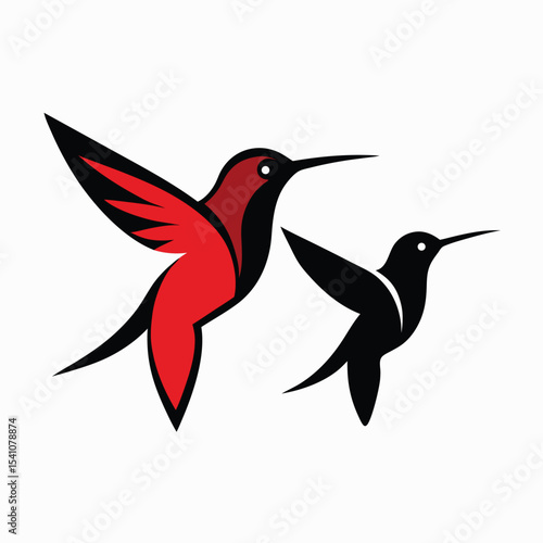 Hummingbird Illustration Red and Black Birds in Flight, Vector Art