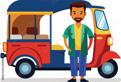 Man standing next to a colorful tuk tuk vector illustration