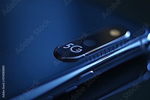 Close-up of a smartphone's 5G camera module.  Dark, sleek, and modern design with a subtle glow.  The 5G logo is clearly visible