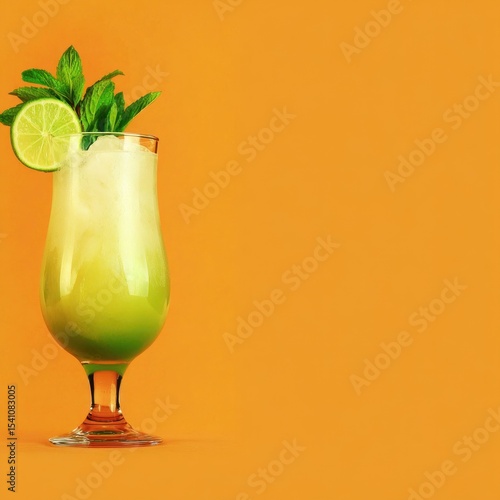 Refreshing Green Cocktail with Lime and Mint on Orange Background