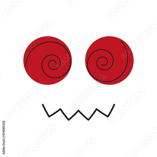 Spiral red eyes. Zigzag mouth shape. Vector cartoon face. Funny abstract figure.