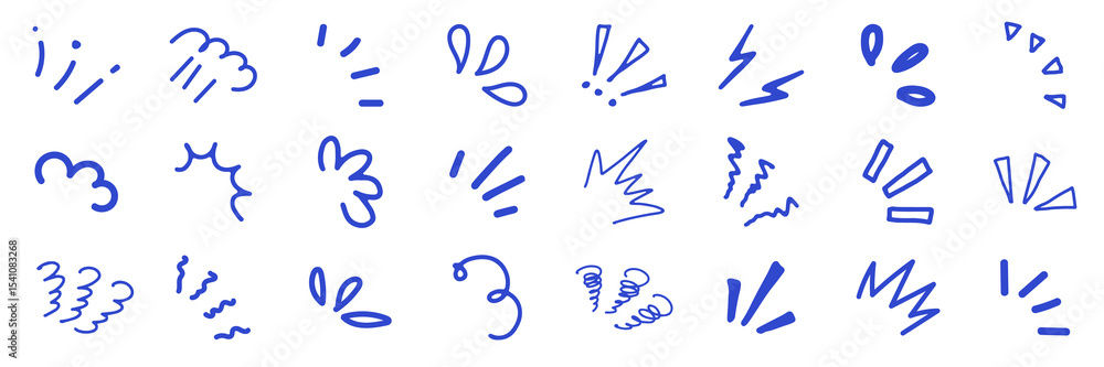 Fototapeta premium PNG Blue doodle-style hand-drawn line art elements on white, set on transparent background