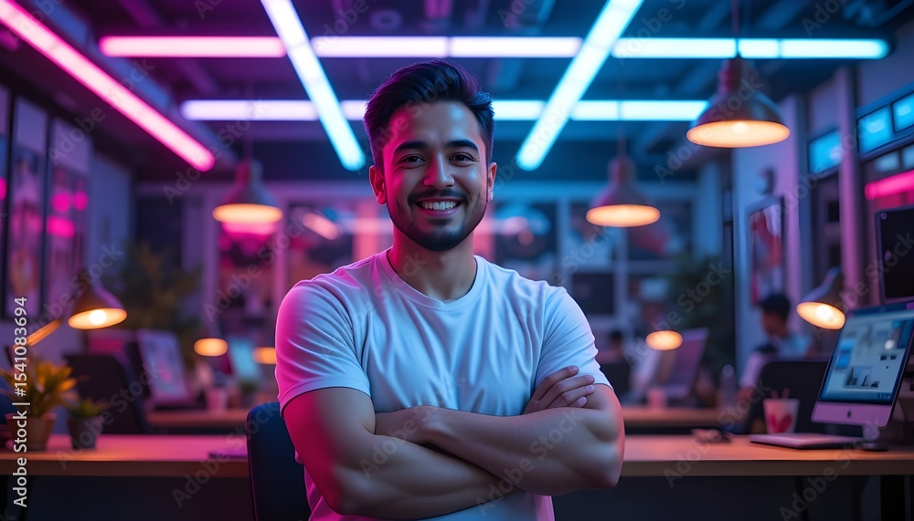 Obraz premium Successful young man smiling confidently in a vibrant modern office workspace with neon lights