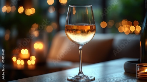 A glass of ros? wine in a restaurant.  Soft lighting and blurred background